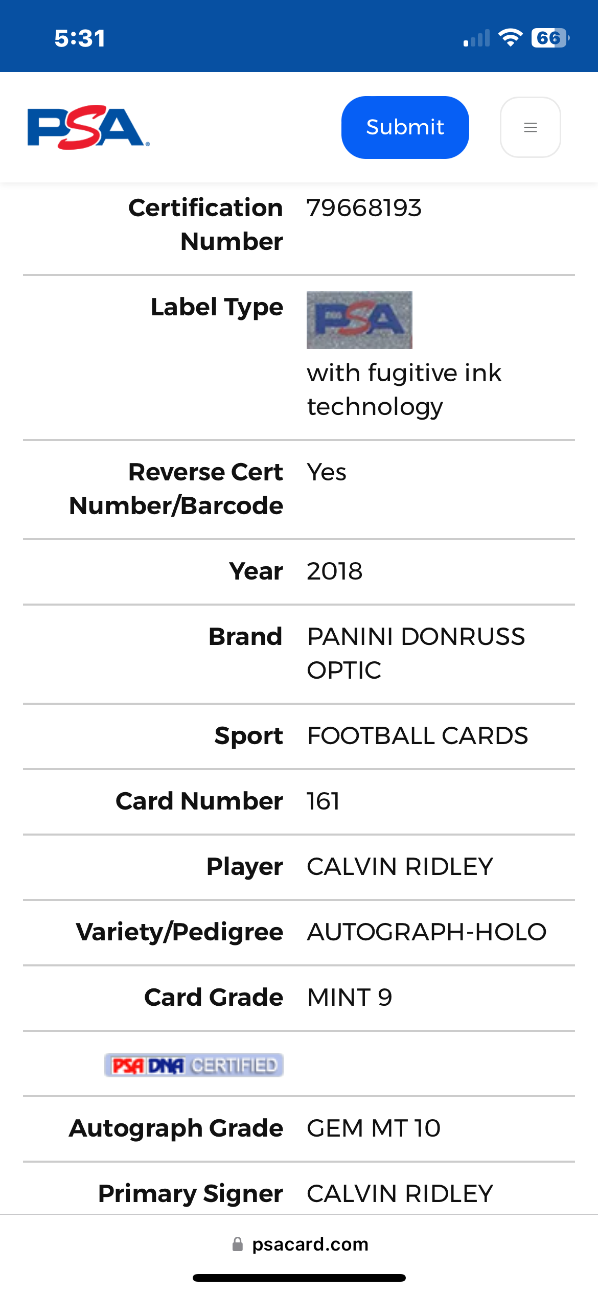 ❤️2018 Donruss Optic Auto 10 Rated Rookie Holo /99 Calvin Ridley #161 Psa 9 Jaguars RC Pop 2