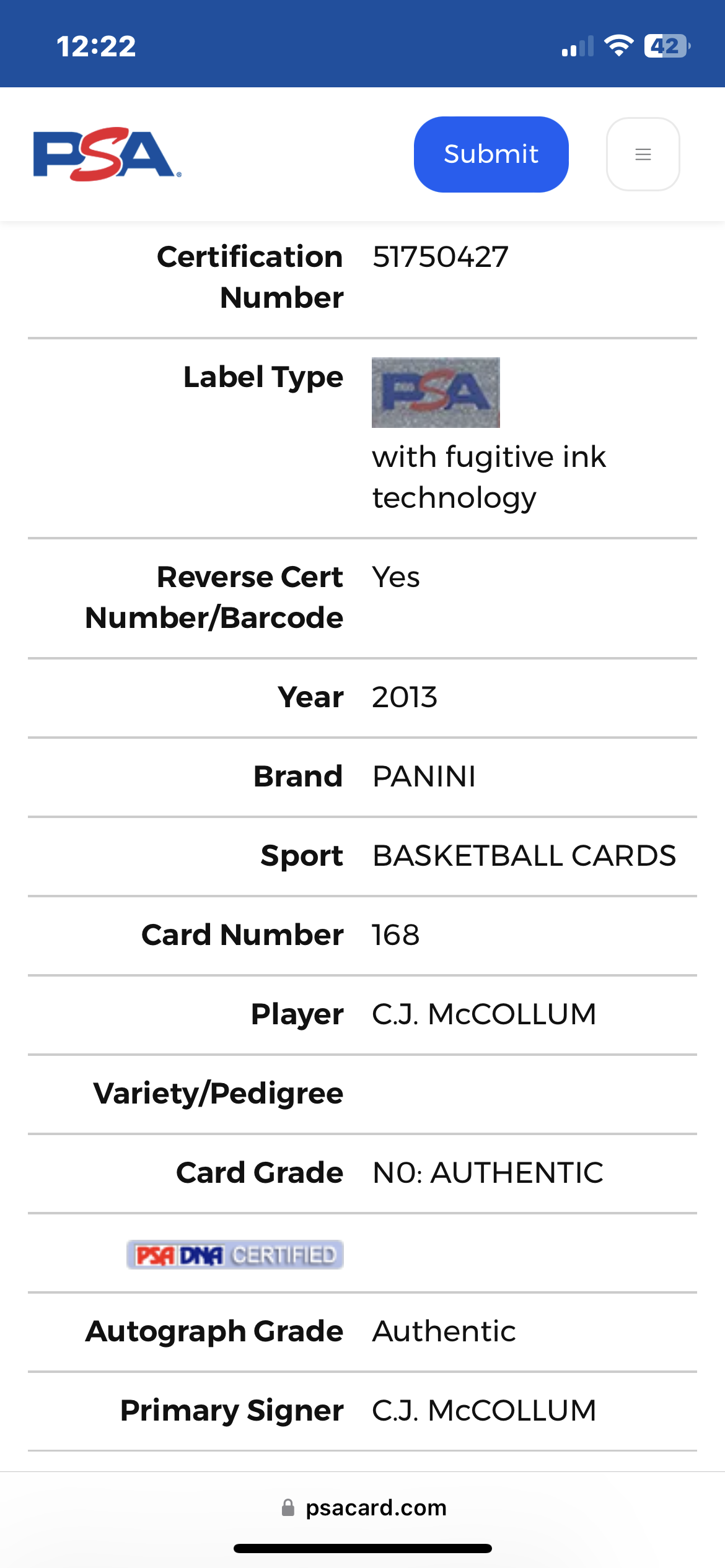 ❤️2013 Panini C.J. McCollum Rookie RC #168  PSA Authentic Autographed Pop 1 Rare