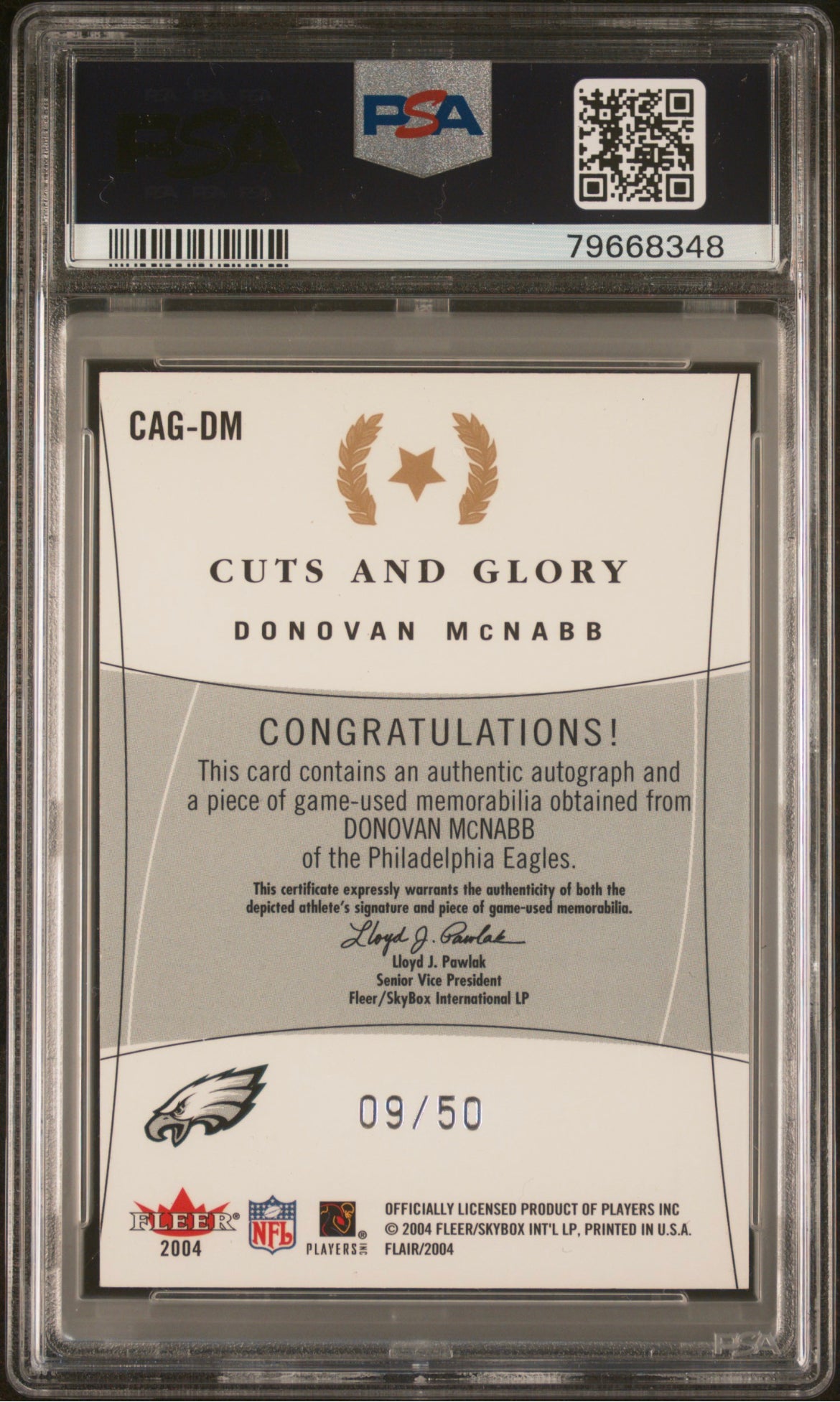 ❤️2004 Flair Cuts and Glory DONOVAN MCNABB  PSA 10 AUTO GAME USED JERSEY /50 Pop 1 Super Bowl Year!