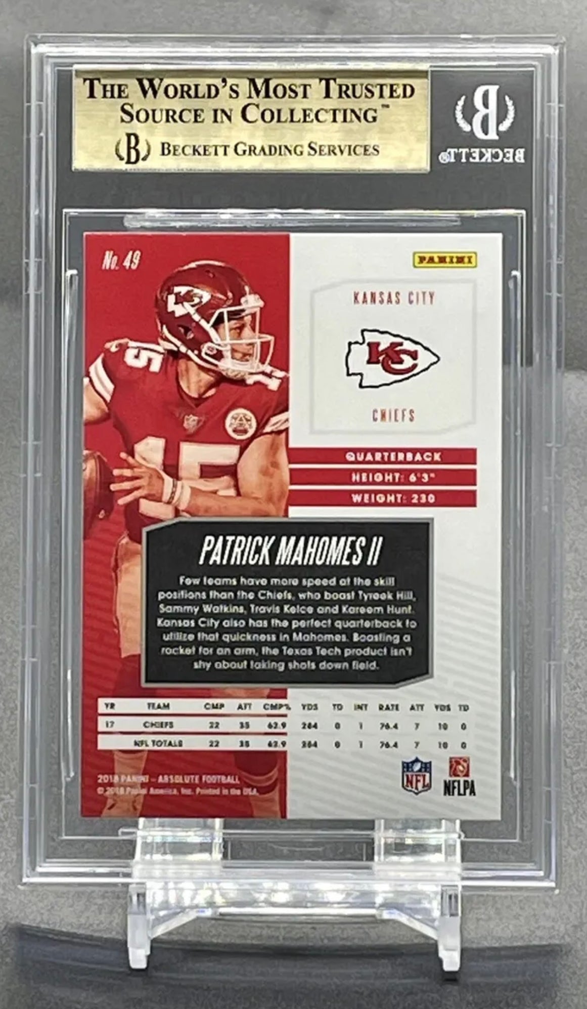 ❤️2018 Panini Absolute Patrick Mahomes II #49 BGS 9.5 True Gem Mint Chiefs