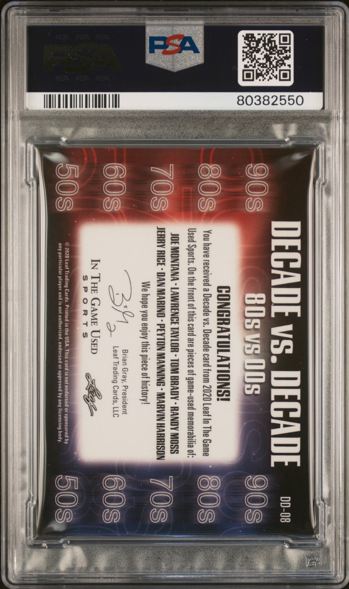 ❤️ 2020 Leaf In The Game Decade vs Decade GAME JERSEYS included of Jerry Rice Randy Moss Tom Brady Joe Montana Dan Marino Peyton Manning Marvin Harrison /12 Pop 1 PSA Graded