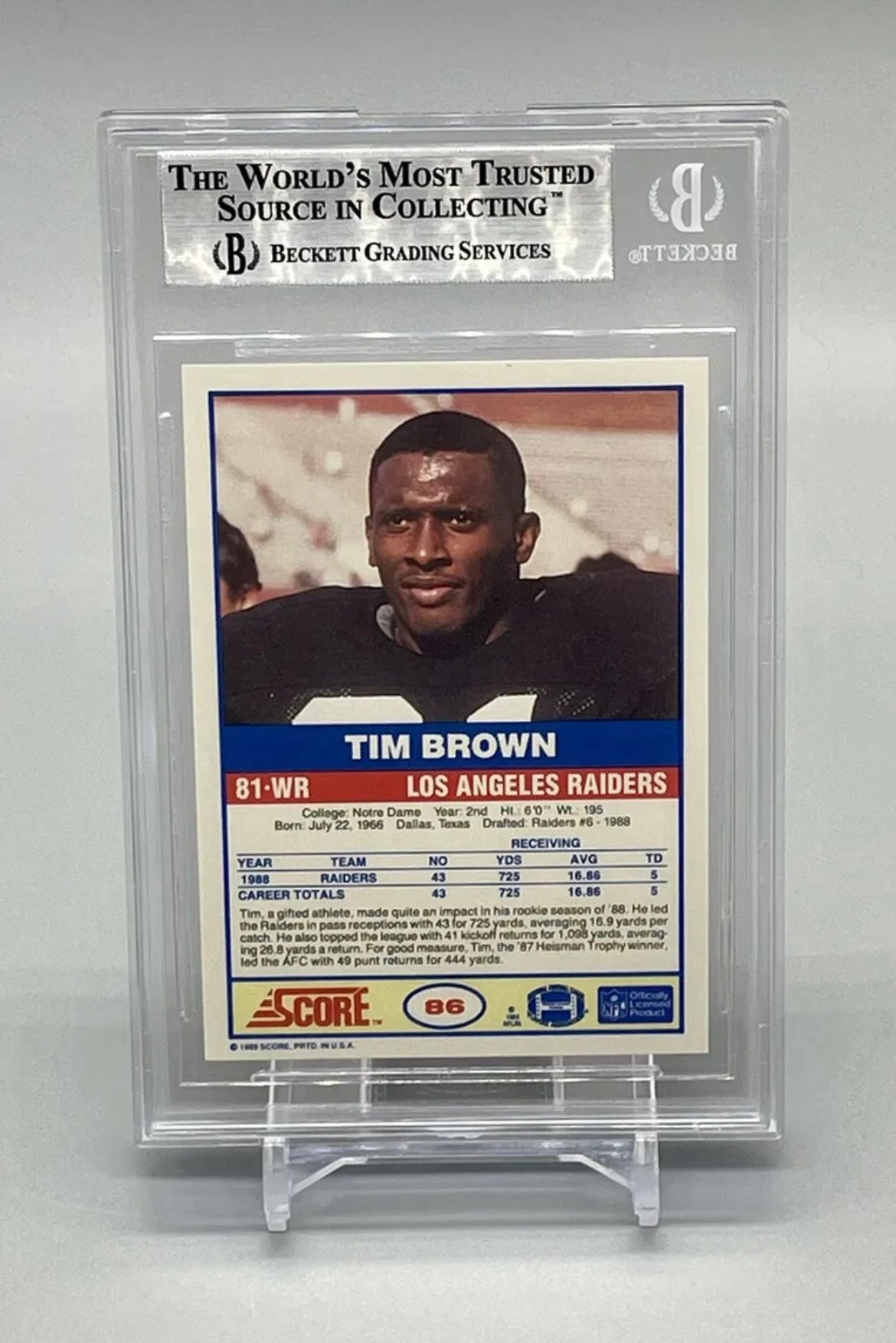 ❤️1989 TIM BROWN 1ST EDITION SCORE #86 RC ROOKIE BGS 9 MINT SUB 9.5