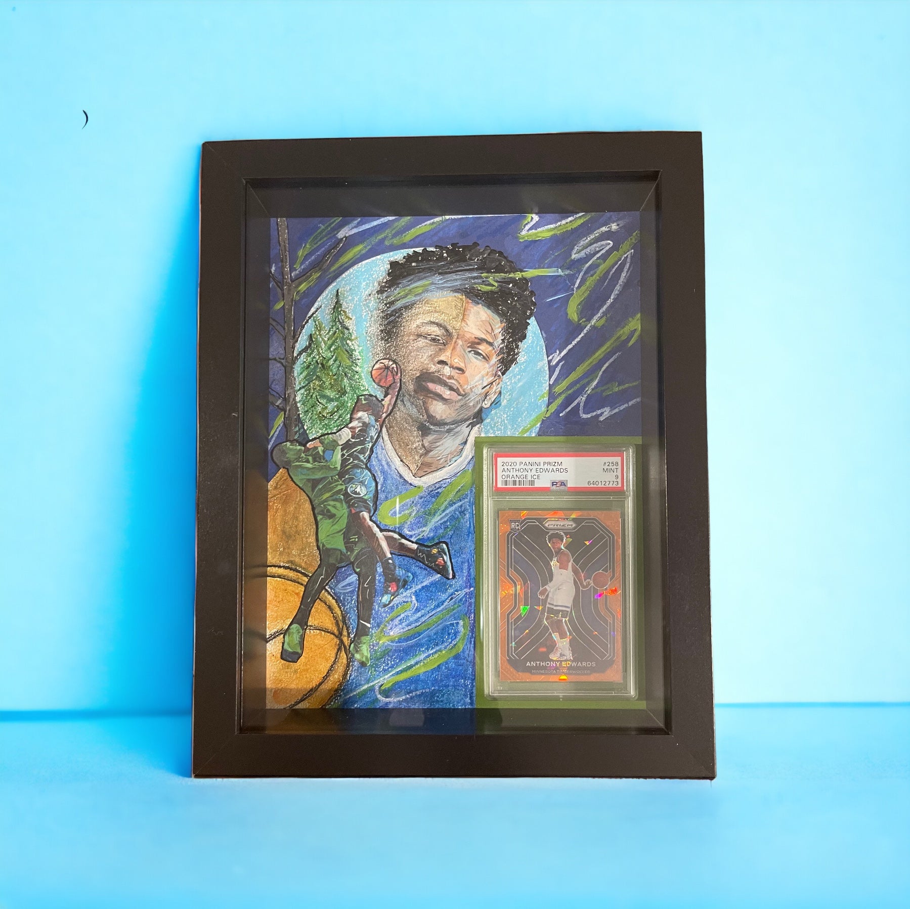 ❤️Oil Pastels & Acrylic Paint W/ 2020 Prizm Orange Cracked Ice Anthony Edwards Psa 9 Rookie RC W/ Wood Frame & Glass