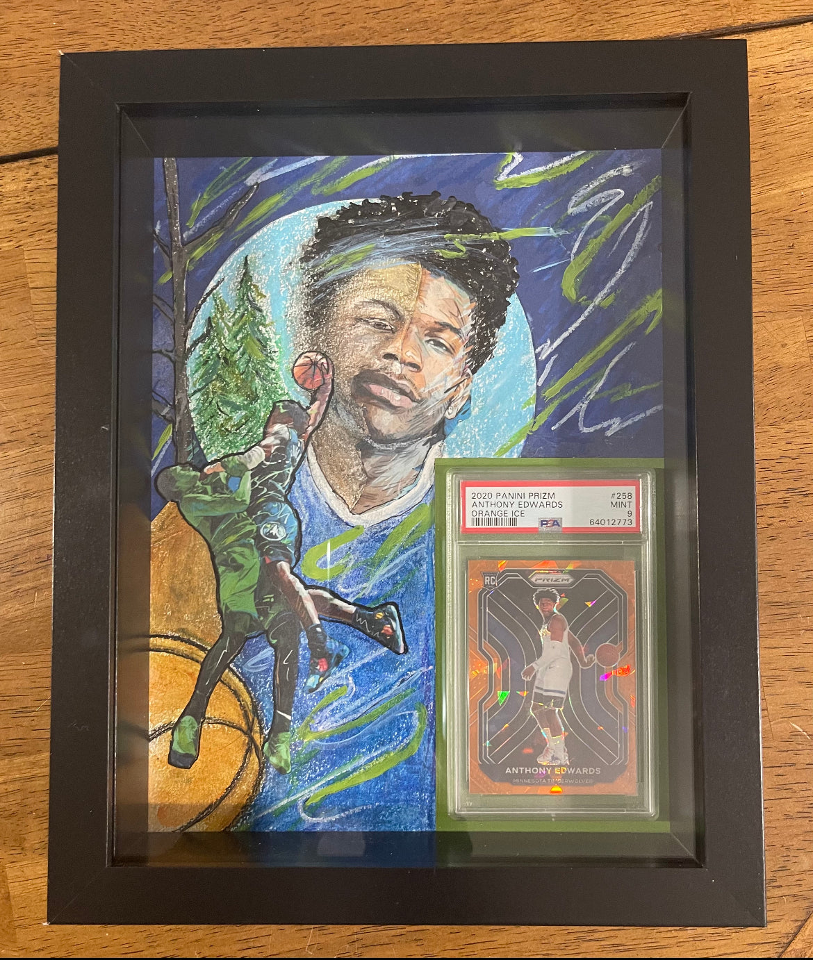 ❤️Oil Pastels & Acrylic Paint W/ 2020 Prizm Orange Cracked Ice Anthony Edwards Psa 9 Rookie RC W/ Wood Frame & Glass