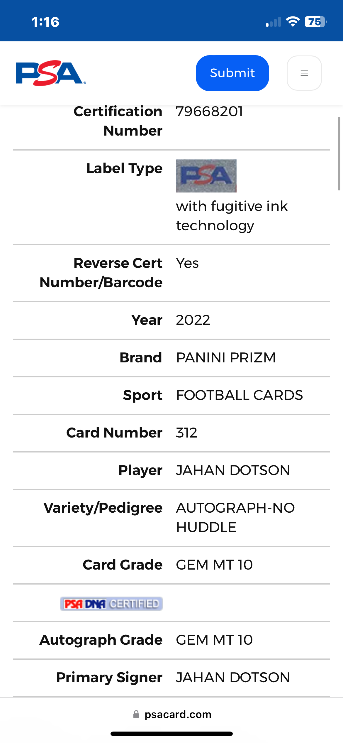 ❤️2022 Prizm Jahan Dotson No Huddle Disco Rookie RC #312 PSA 10 Auto 10 Gem Mint