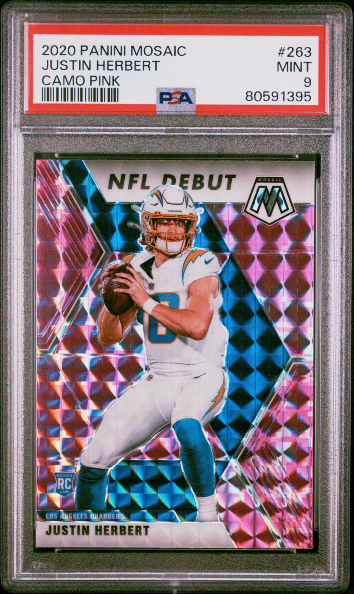 ❤️2020 Mosaic Justin Herbert NFL Debut Pink Camo Prizm Rookie RC #263 PSA 9