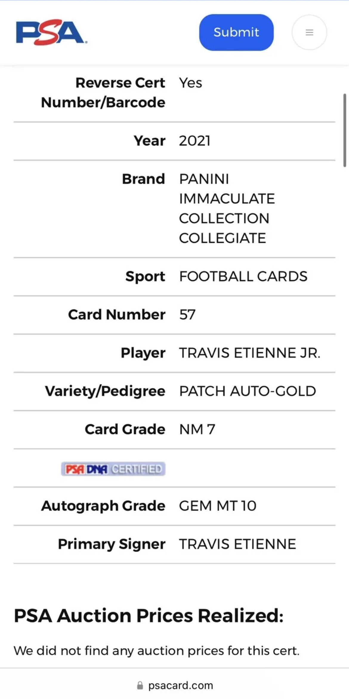 ❤️2021 Immaculate Collegiate Gold Rookie Travis Etienne Jr RPA 25/25 Pop 1 Psa