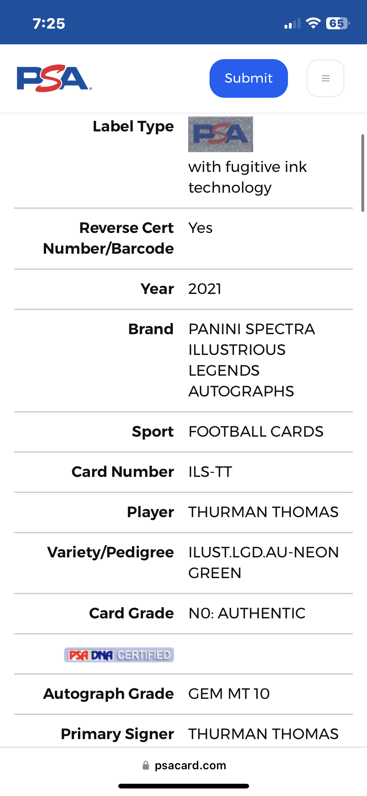 ❤️2021 Panini Spectra Illustrious Legends THURMAN THOMAS 14/15 Auto Psa 10 Pop 1