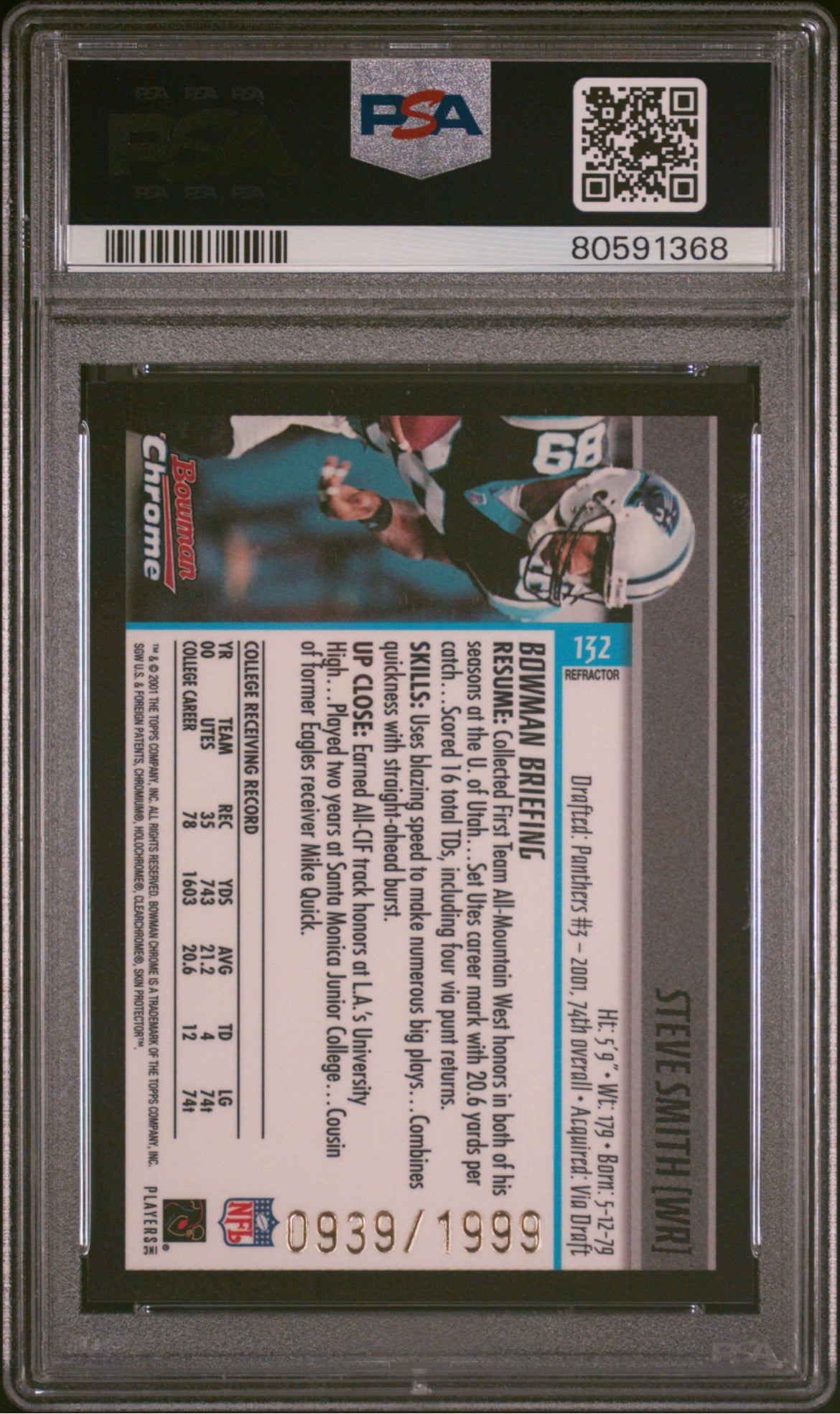 ❤️2001 Bowman Chrome Steve Smith #132 Rookie RC Refractor /1999 PSA 9 Mint