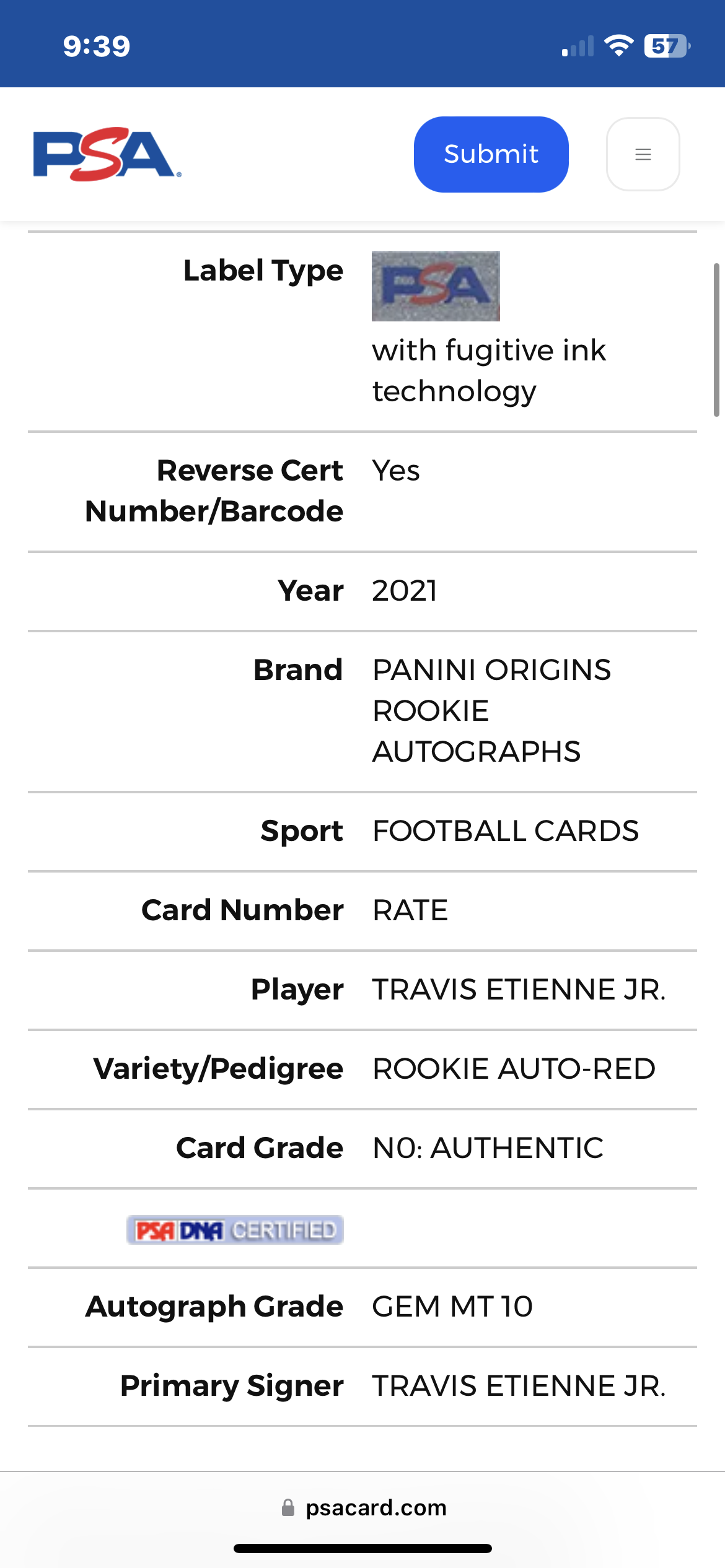 ❤️2021 Panini Origins Rookie Auto Red /99 Travis Etienne Jr Psa 10 Auto RC Pop 1