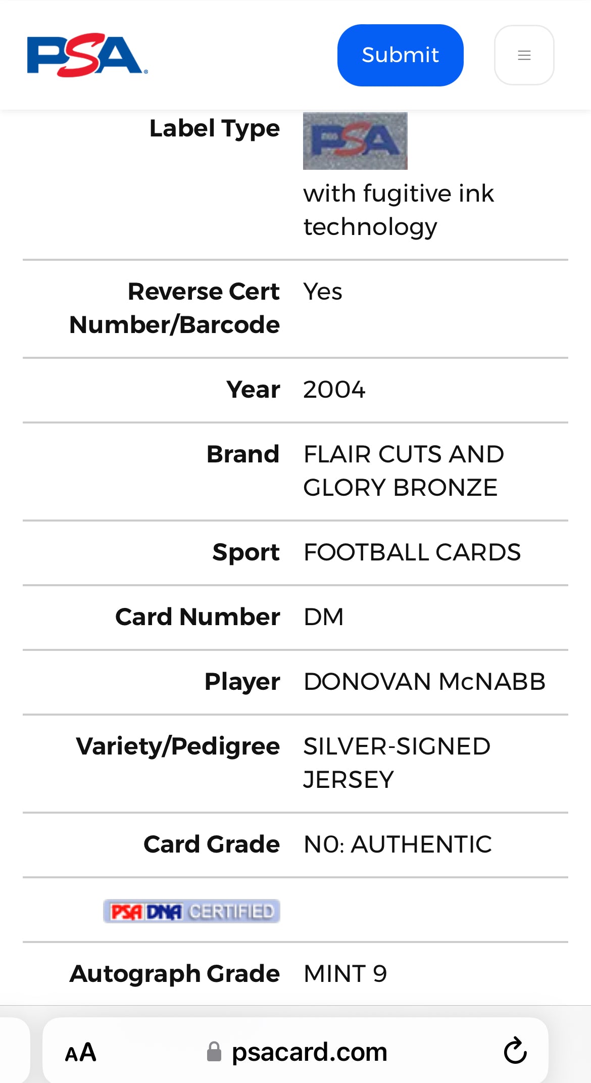 ❤️2004 Flair Cuts and Glory DONOVAN MCNABB  PSA 10 AUTO GAME USED JERSEY /50 Pop 1 Super Bowl Year!