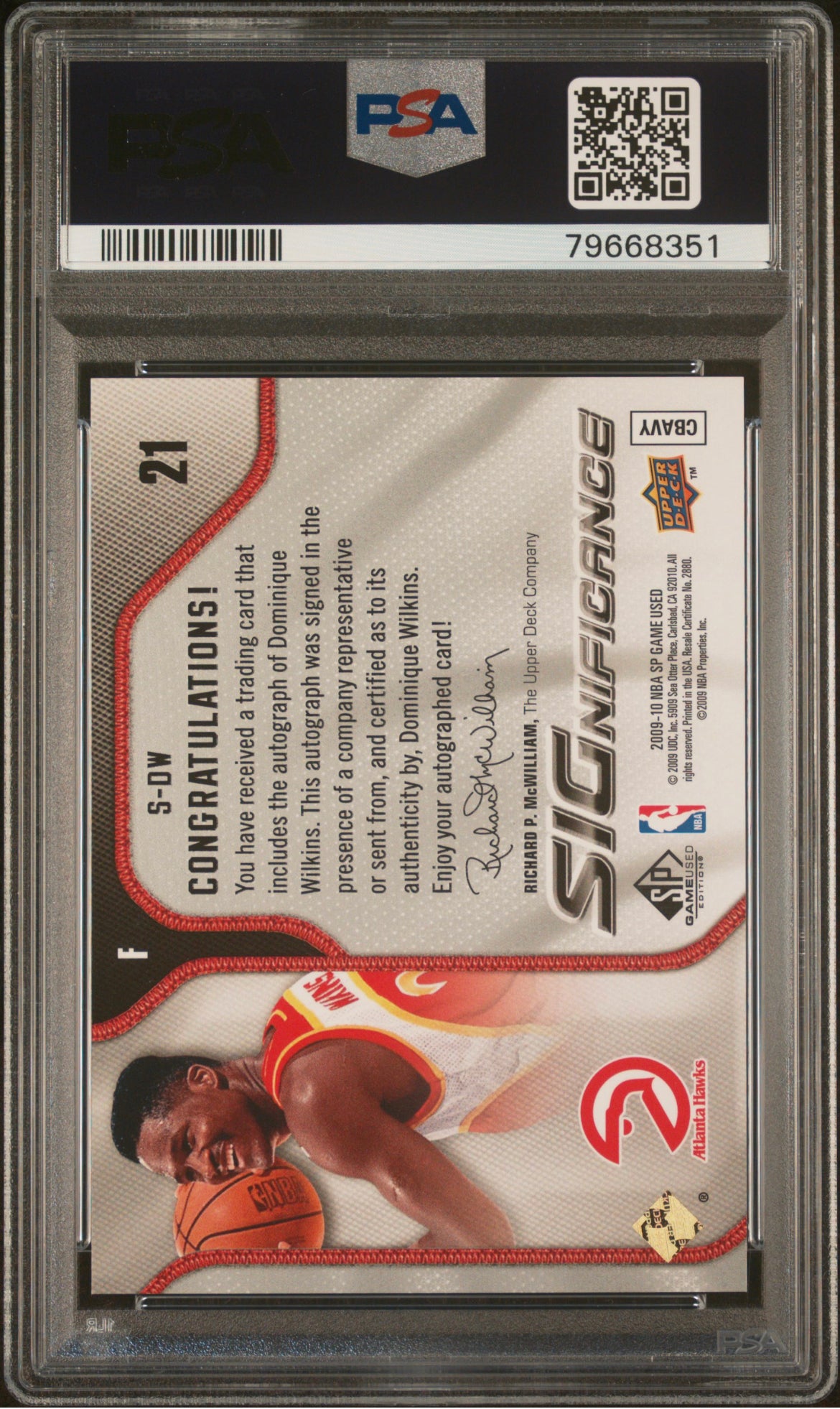 ❤️2009 Upper Deck SP GAME USED DOMINIQUE WILKINS AUTO Autographed Psa 8 Hawks Population of 1 Graded