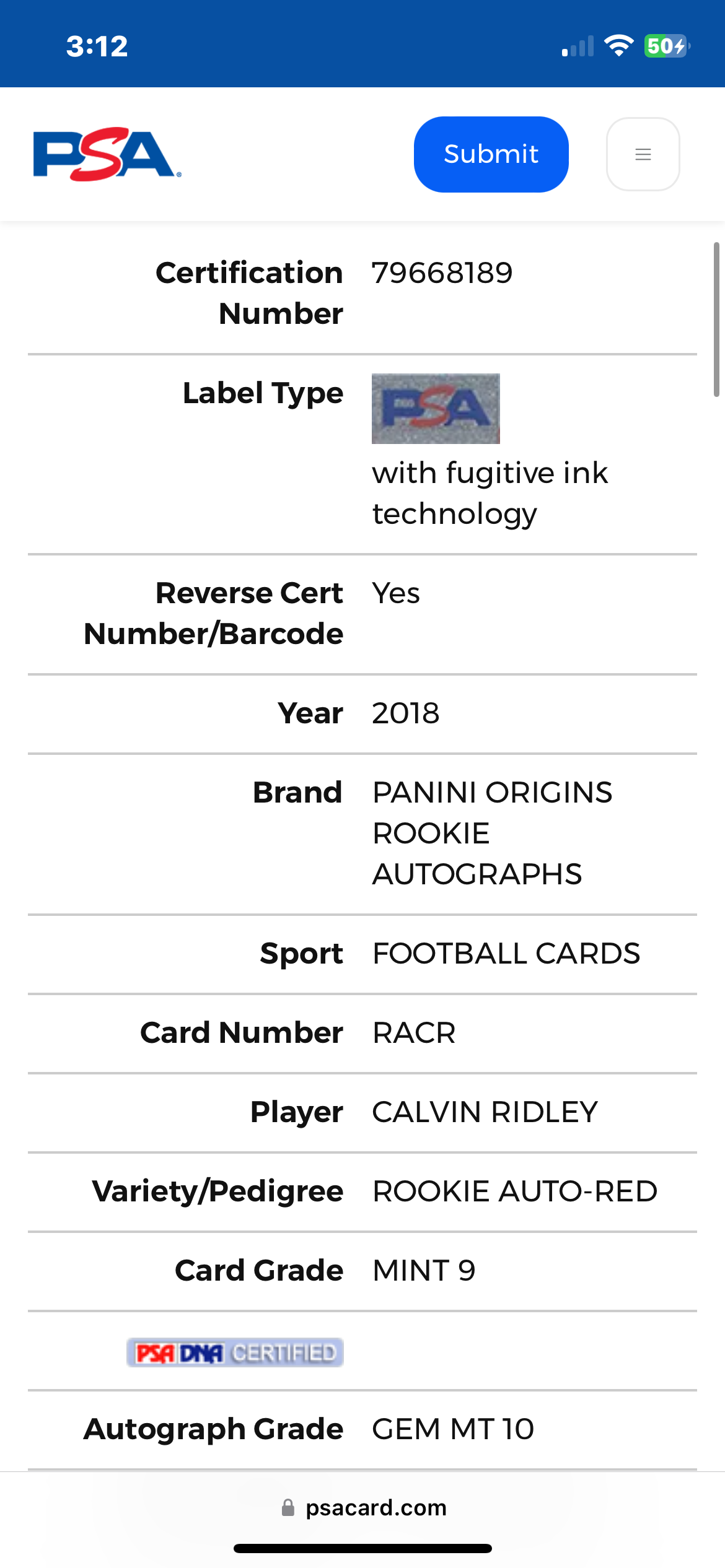 ❤️2018 Origins Calvin Ridley Rookie /49 On Card Auto Color Match Psa 9 Auto 10 Pop 1 Jaguars Falcons