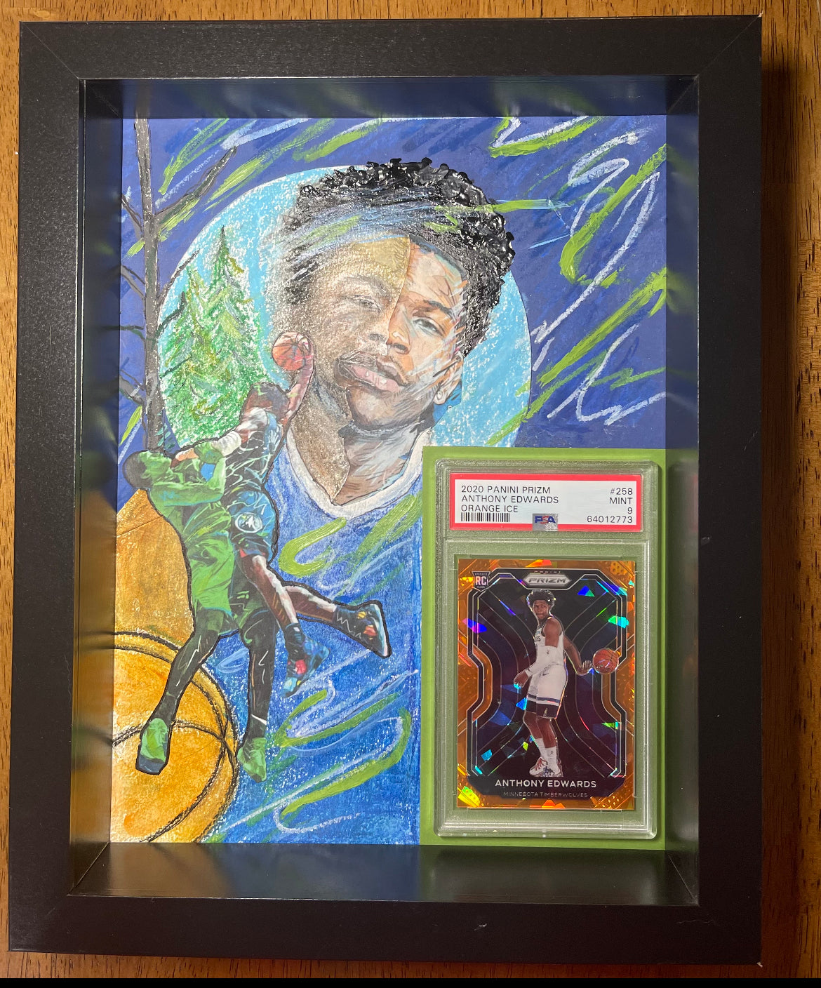 ❤️Oil Pastels & Acrylic Paint W/ 2020 Prizm Orange Cracked Ice Anthony Edwards Psa 9 Rookie RC W/ Wood Frame & Glass